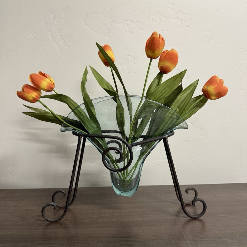Blown Glass Vase Blue Glass Wrought Iron Base Tulip Shape